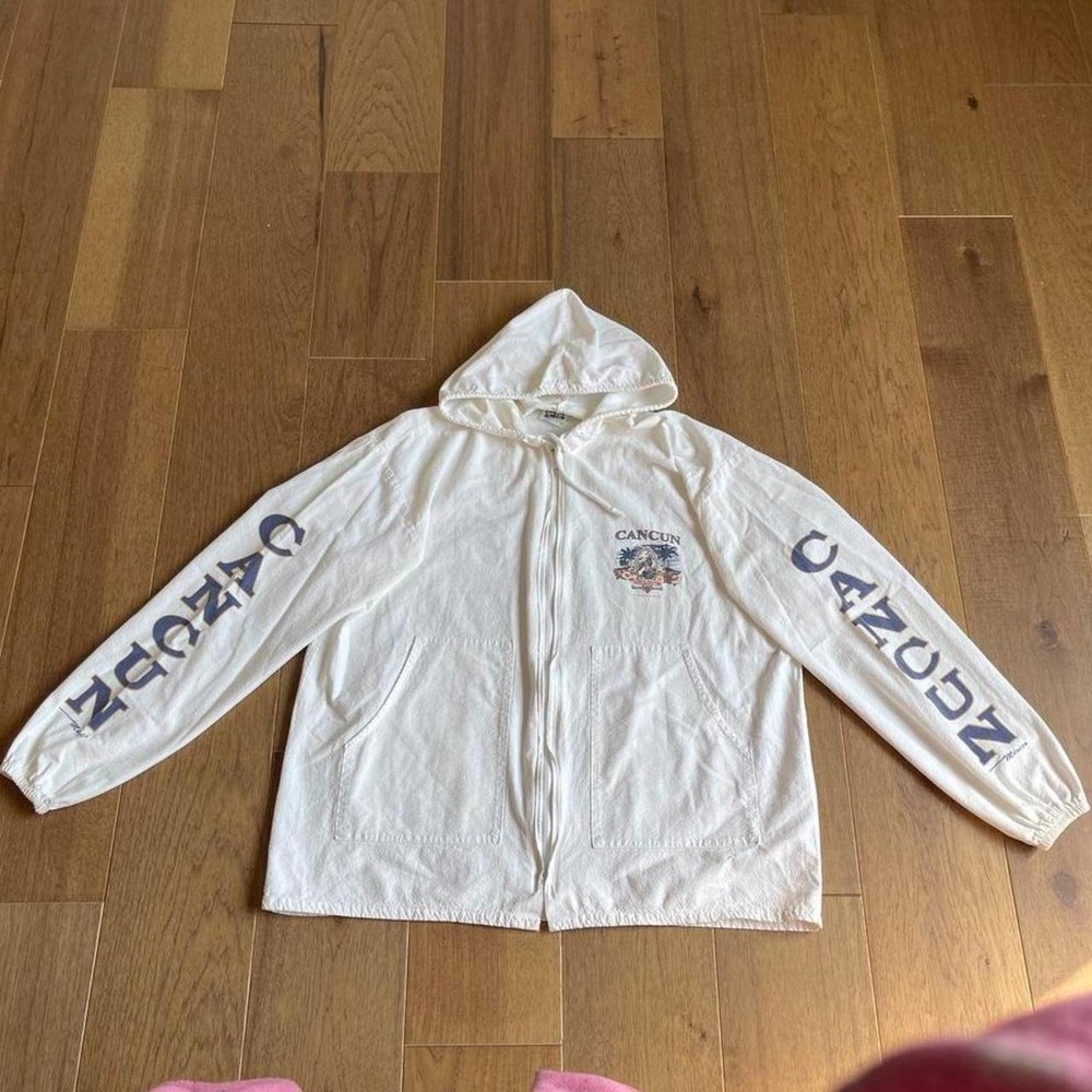 Vintage Cancun Mexico Tropical Paradise Zip Up Hoodie White Souvenir Jacket Mens